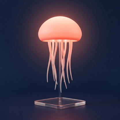 Aurelume jellyfish lamp glowing coral on a dark navy background