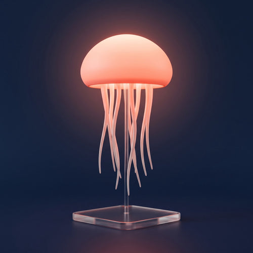 Aurelume jellyfish lamp glowing coral on a dark navy background
