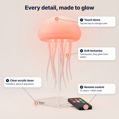 EN | Every detail of the Aurelume jellyfish lamp: touch dome, soft tentacles, clear acrylic base and remote