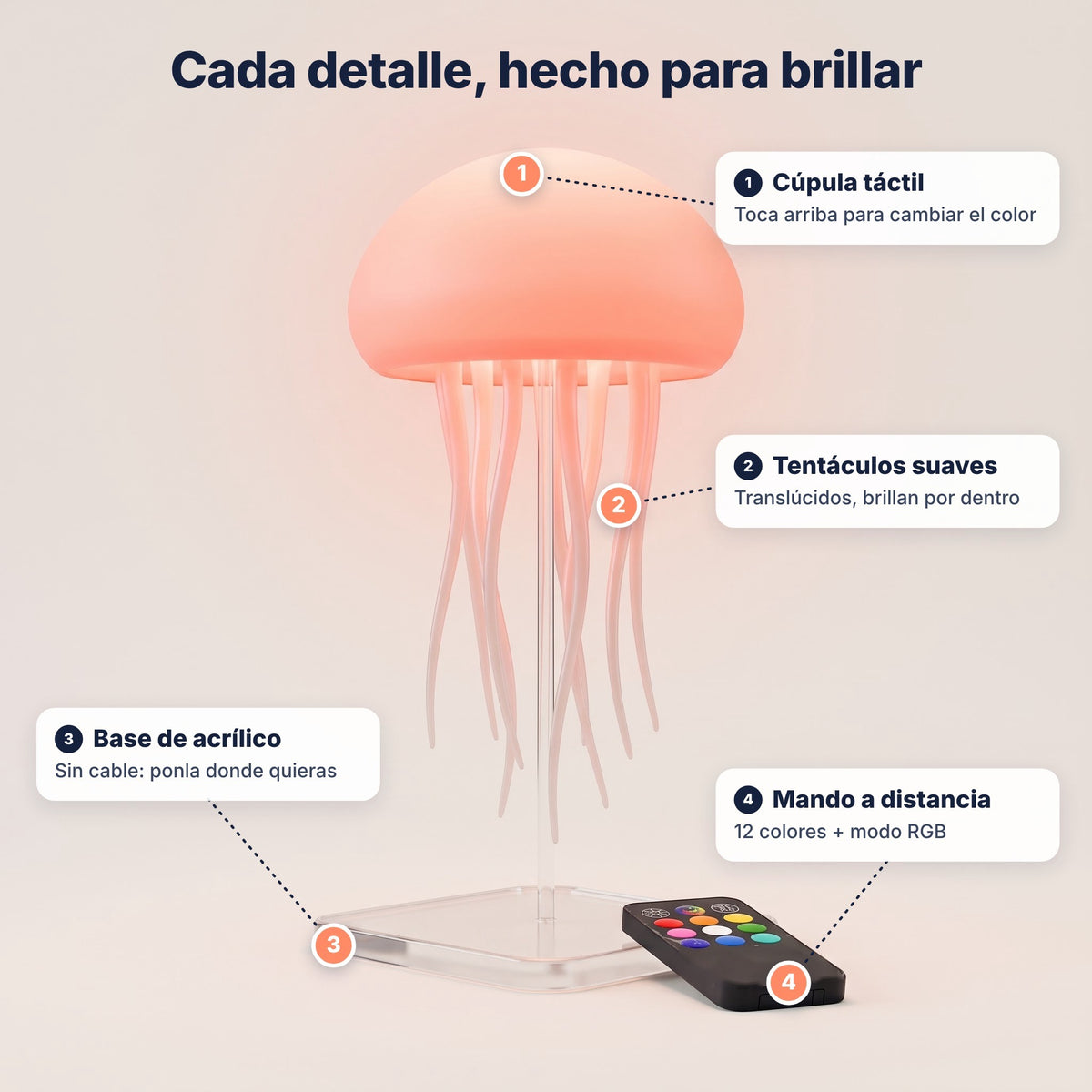 ES | Cada detalle de la lámpara medusa Aurelume: cúpula táctil, tentáculos, base de acrílico y mando