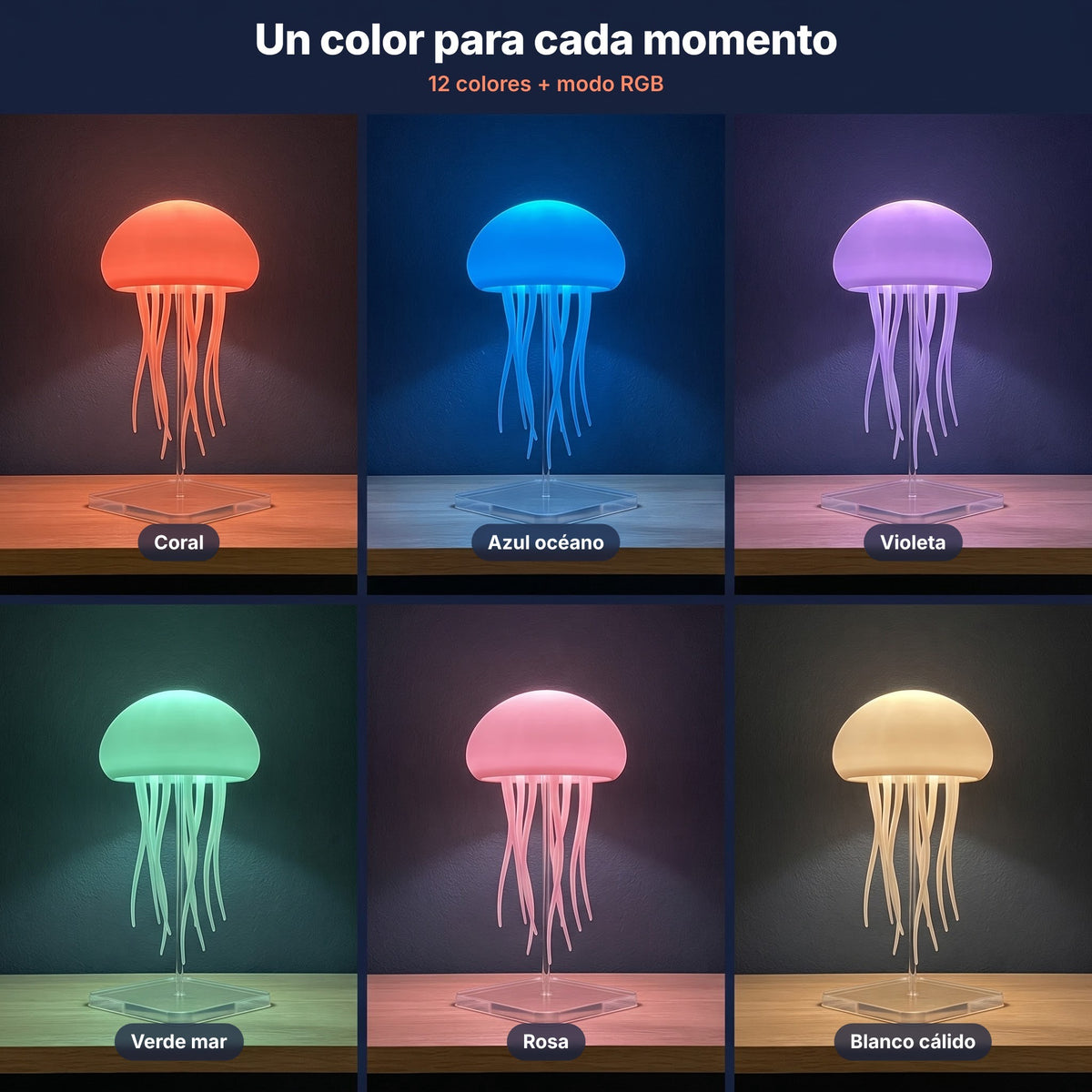ES | La lámpara Aurelume en seis colores: coral, azul océano, violeta, verde mar, rosa y blanco cálido