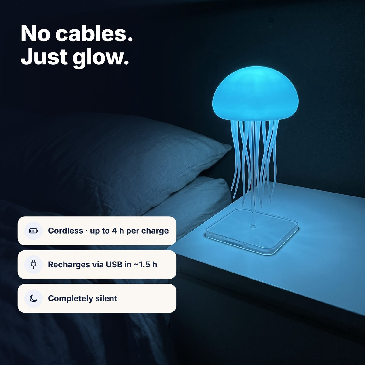 EN | Cordless Aurelume lamp glowing blue on a nightstand, up to 4 h per charge