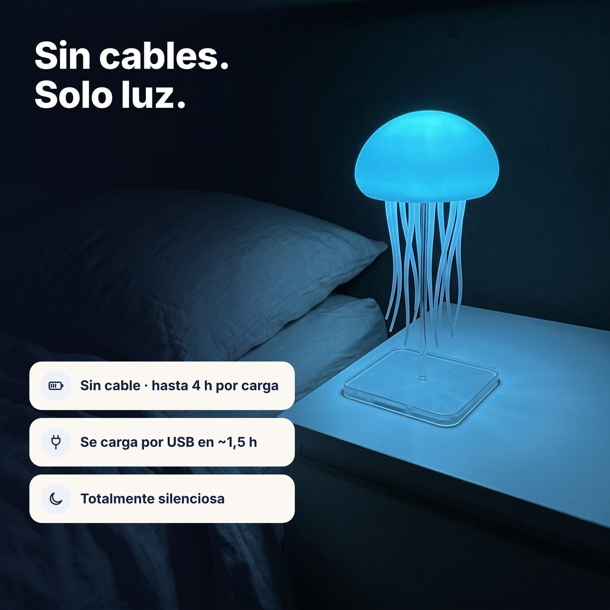 ES | Lámpara Aurelume sin cable brillando en azul en la mesita, hasta 4 h por carga