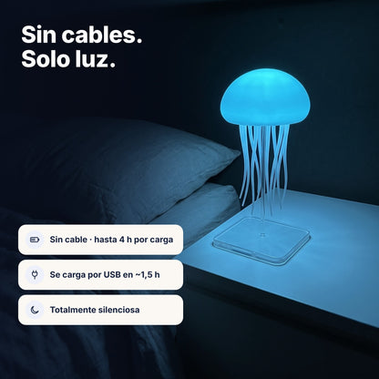 ES | Lámpara Aurelume sin cable brillando en azul en la mesita, hasta 4 h por carga